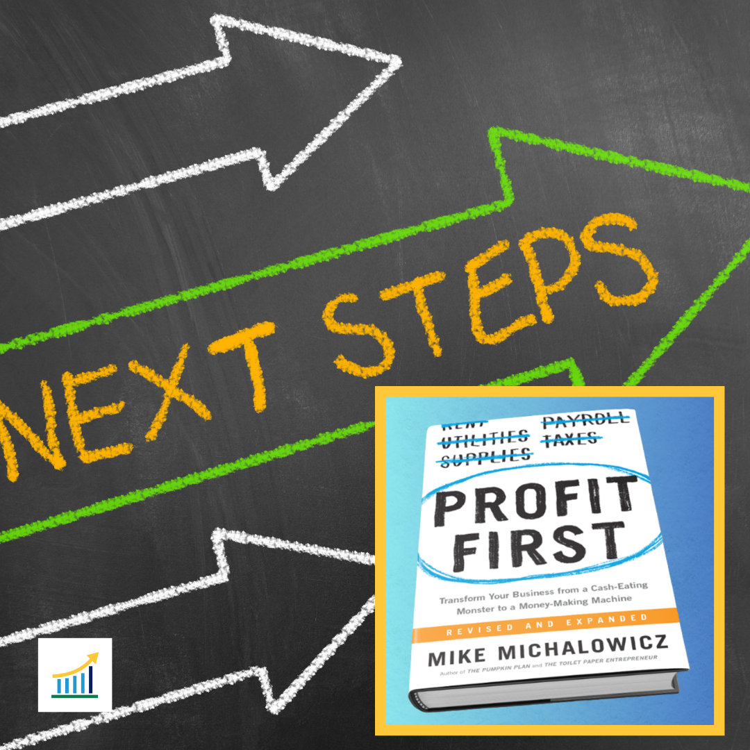 Chalkboard with arrows and the words “Next Steps,” featuring the book Profit First by Mike Michalowicz in the corner.